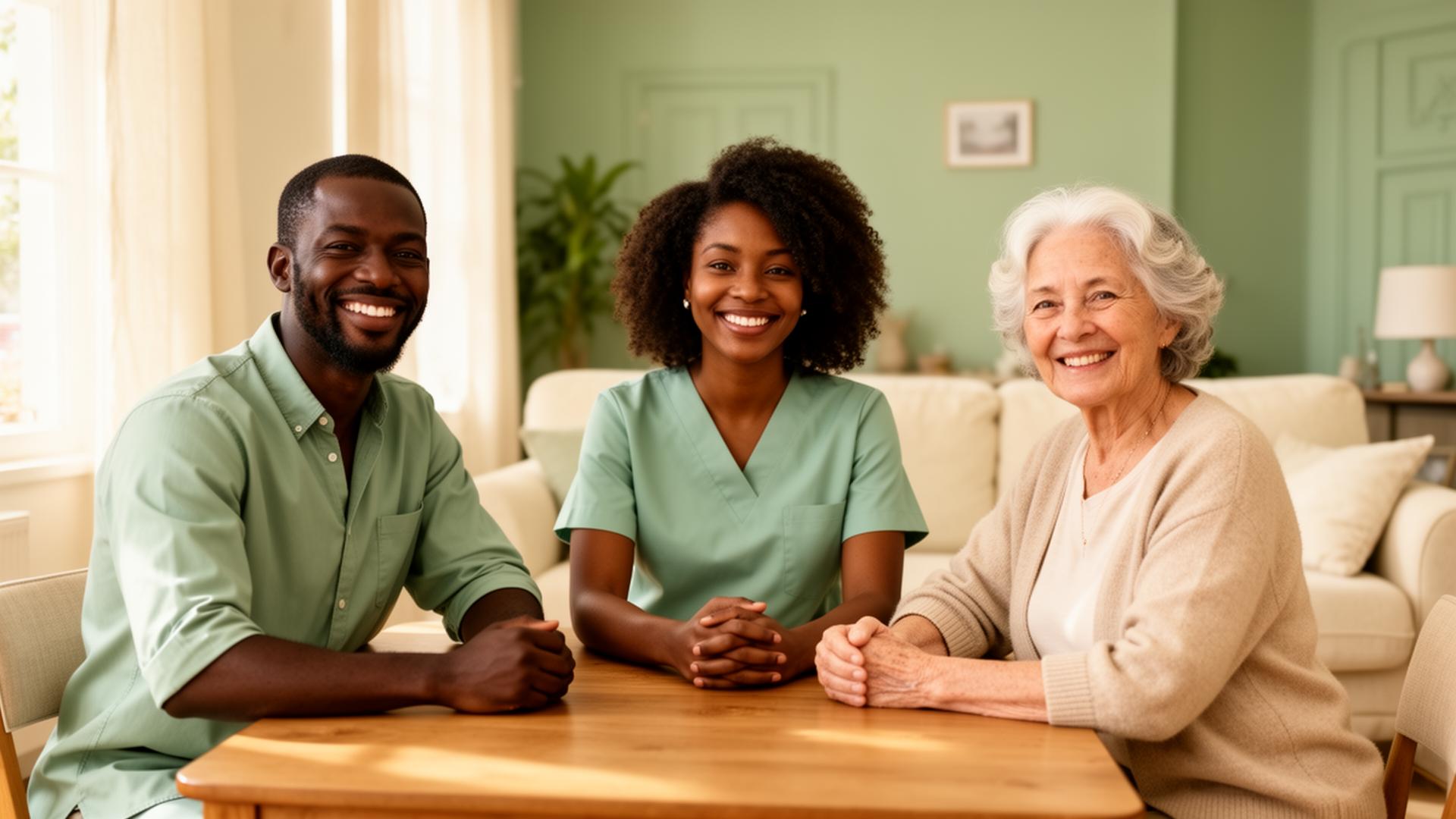 L'équipe AMT — auxiliaires de vie souriants accompagnant une bénéficiaire dans un salon lumineux